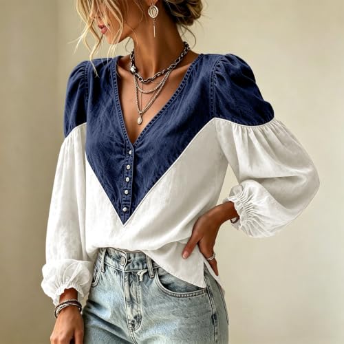Long Sleeve Shirts for Women V Neck Ruffles Color Block Denim Patchwork Top - image 5