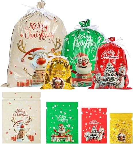 ONBAGLST Weihnachtsbeutel, große Geschenktüten weihnachten mit kordelzug, 24 Stück geschenkbeutel in groß, mittel und klein, Weihnachtsbeutel für Geschenke zu Geburtstagsfeiern und Feiertagen