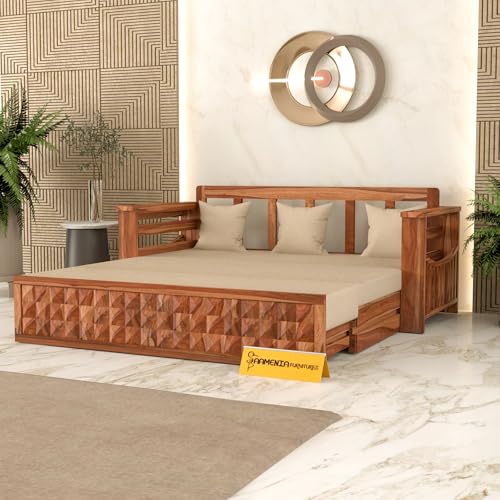 Image of Mamta Furniture Solid Sheesham Wood Sofa Set 3 Seater Furniture Wooden 3 Seater Sofa Cums Bed for Home Living Room with Cushions (Honey with Cream, 3 Seater Design 2)