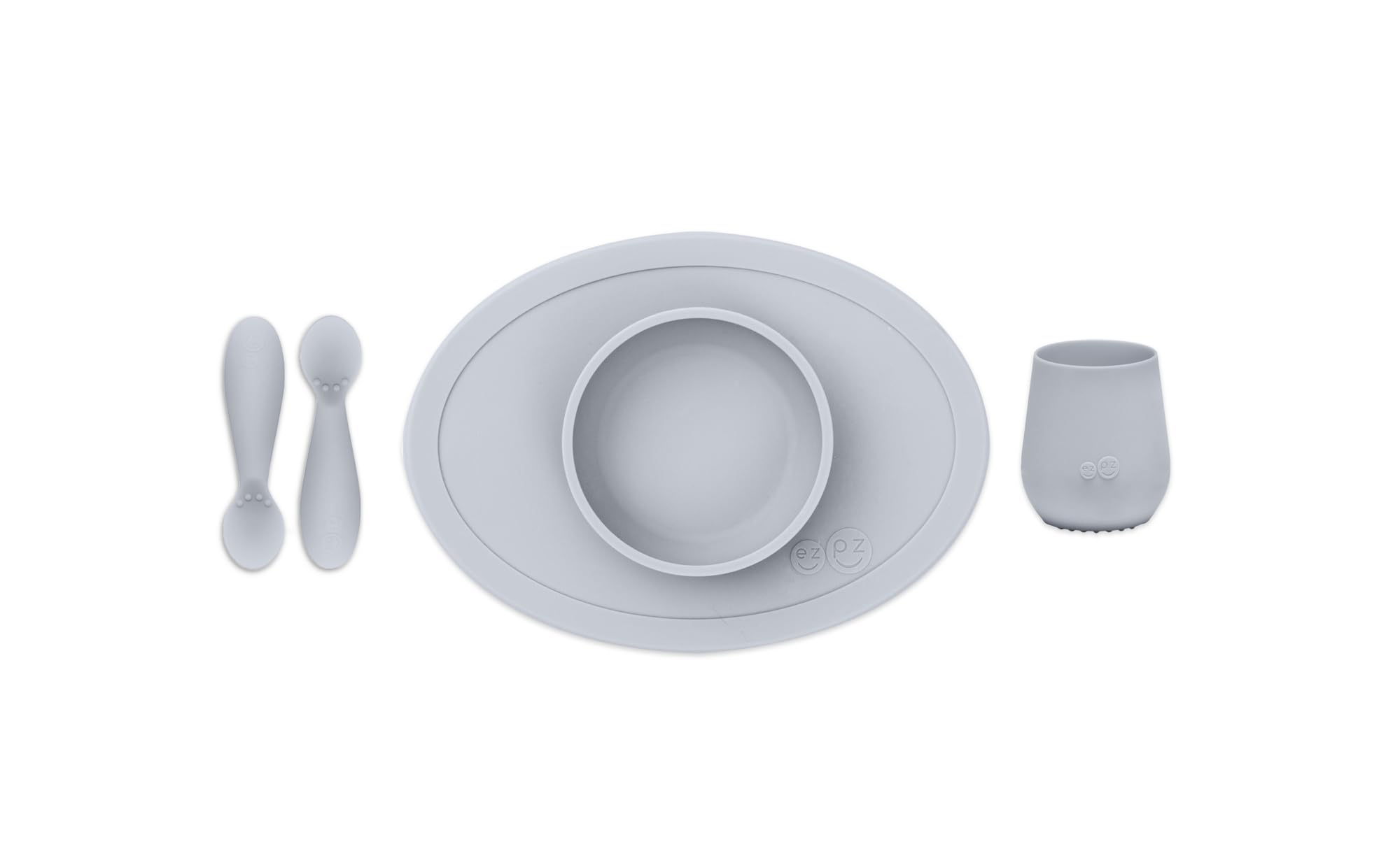 Sponsored Ad โ ezpz First Food Set (Pewter) - 100% Silicone Suction Bowl with Built-in Placemat, Training Cup and Spoons for First Foods + Baby Led Weaning - 4 Months+