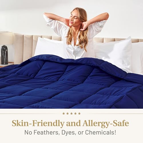 Image of Lavish Comforts Navy Blue Comforter - Fluffy Down Alternative Dark Blue Comforter, All-Season Queen Duvet Insert, Hypoallergenic, Machine Washable with Corner Loops