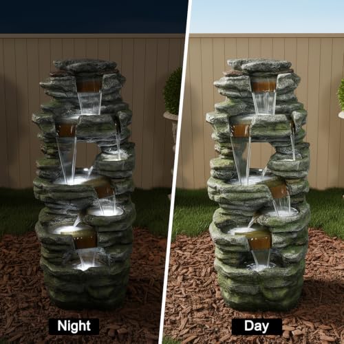 Image of SunJet 47.2 inch High Multi-Tiers Cascading Rock Outdoor Water Fountain with LED Lights - Large Outdoor Fountains and Waterfalls for Garden or Patio, Yard, and Deck Decor, Featuring Natural Stone Look