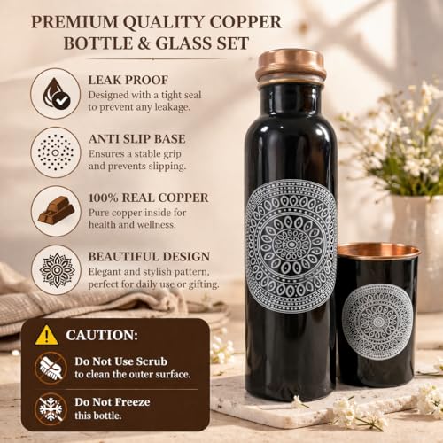 Image of JAIPUR ACE Black Copper Water Bottle with Glass Set 100% Pure Copper Mandala Design Leak Proof Anti Slip Ayurvedic Drinking Bottle Set for Home Office Kitchen Gifting Premium Copper Bottle Set