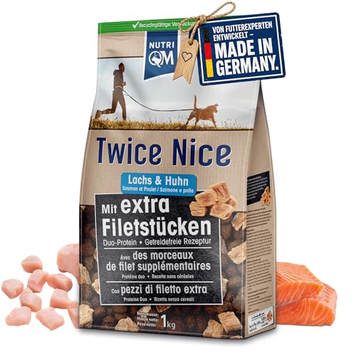 NutriQM® Twice Nice Adult Lachs & Huhn 12 kg | Hundefutter trocken getreidefrei | Mit 520 g Filetfleisch...