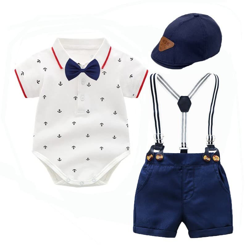 Baby Jungen Gentleman Anzüge Balipig 3tlg Kinder Kurzarm Strampler mit Fliege + Hosenträger Shorts + Hut Festliche Taufe Hochzeit Gentleman Outfit Set für Sommer, Blau 3-6Monate