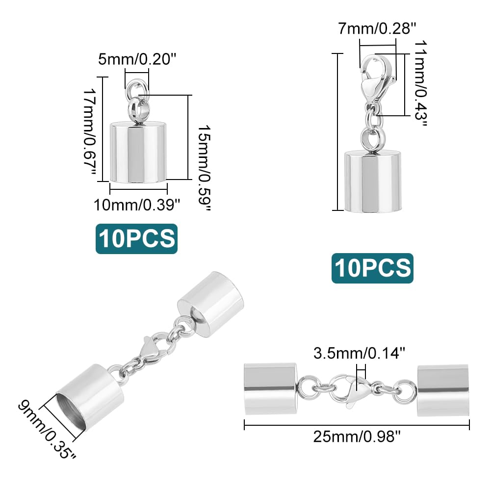 UNICRAFTALE 20Pcs 2 Sizes Stainless Steel 9mm Inner Diameter Leather Cord Ends with Jump Rings Smooth Barrel End Caps Metal Lobster Claw Clasps with End Caps Terminators for DIY Jewelry Making