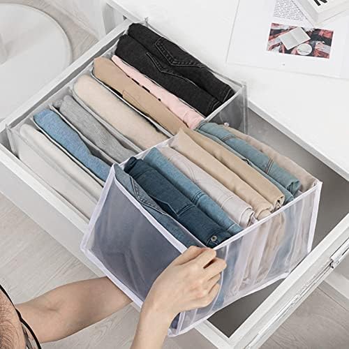 Drawer Organisers for Jeans-2 Pack Bedroom Wardrobe Organisers with Dividers-Large 7Grids Closet Cabinet Organizer Underwear Storage Boxes for Pants Trousers T-shirts Clothes Hats Leggings,White