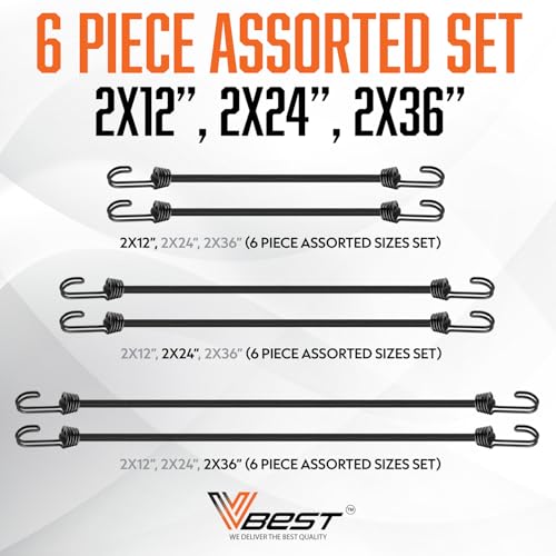 Image of Bungee Cords Heavy Duty Outdoor with Hooks - 6Pcs Assorted Sizes Set | Black Rubber Bungy Chords Set Includes 2x12 inch, 2x24 inch, 2x36 inch - Strong Bungie Straps - UV & Weather Resistant 200lb Strength