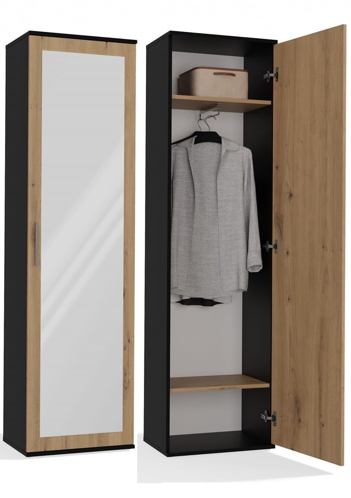 CDF ATARA - Placard de hall avec grand miroir - 180x50x35 cm - 2 étagères + espace de suspension - Meuble de hall
