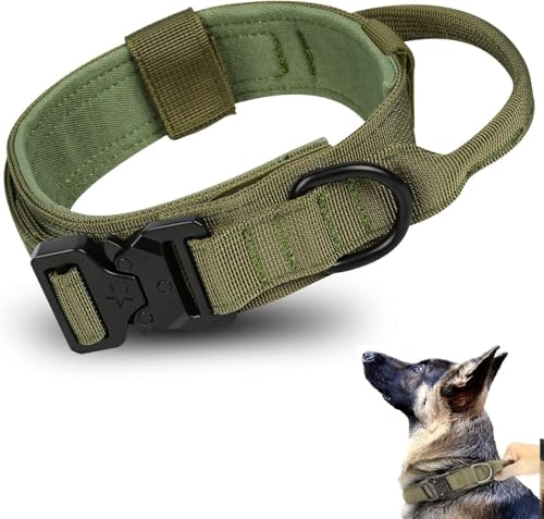 Image of Tactical Dog Collar and Leash Set, Adjustable Military Dog Collar with Control Handle and Heavy Metal Buckle, Dog Training Collar with Bungee Leash. (Army Green, Medium - Collar)