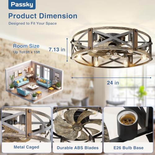 Image of Passky 24 inch Caged Ceiling Fans with Lights and Remote, Low Profile Fandelier | Reversible DC Motor, 1 /2 /4 /8H Timer, 6 Speeds, Farmhouse, Quiet Operation, 6 E26 Sockets, For Bedroom, Kitchen, Dining Room