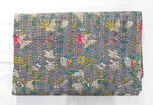 Handmad Bedcover Bedspread Kantha Quilt Indian Bedding Blue Grey Handmade Throw Tapestry Handmade Pure Cotton Quilted Bedding(90 x 108 inch)-image-26