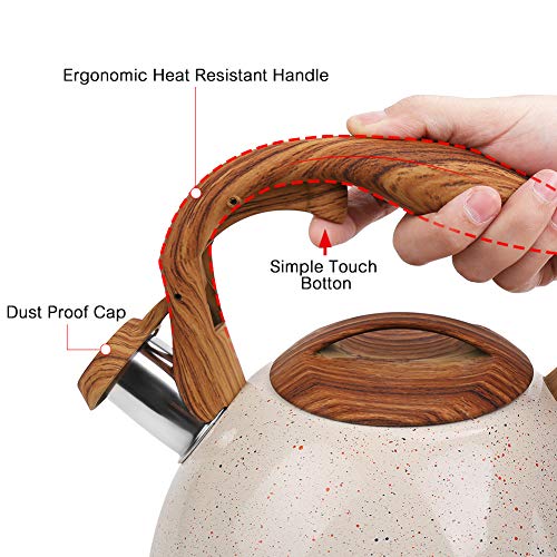 Whistling Tea Kettle Stovetop, 2.7 Quart Tea Pot for Stove Top, Stainless Steel Teapot with Whistle & Heat Resistant Wood Pattern Handle, Water and Coffee Kettle, Suitable for All Heat Sources (White)