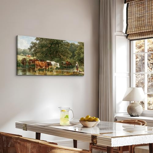 SERIMINO Landscape Wall Art Vintage Decor, Animal Cow Canvas Prints, Forest Grazing Cattle Aesthetic Pastoral Paintings, Rustic Farmhouse Wall Decor Living Room Bedroom, 20x40 Inch
