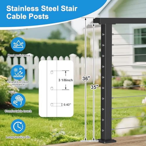 Image of 3 /16 inch Complete Set Cable Railing Kits, 36 Inch 12FT-16FT Swageless Black Cable Railing Post Kit with 3 /16 T316 Wire Rope & Cable Railing Fittings for Decks Length Adjustable Easy DIY
