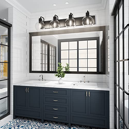 Image of Tipace Bathroom Light Fixtures,4-Light Matte Black Vanity Light,Modern Wall Sconces with Clear Glass Globe Shade,Bathroom Vanity Lighting for Mirror Kitchen Bedroom Hallway(Exclude Bulb)