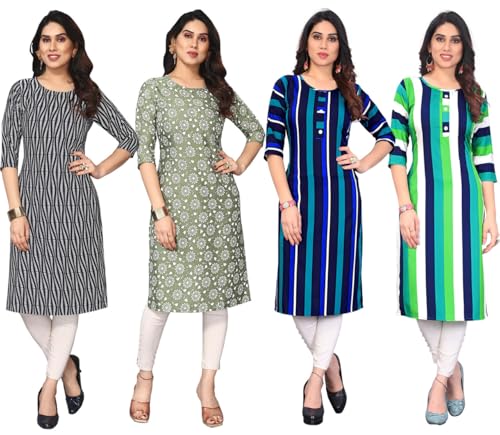 Image of JAKHANA Women's Crepe Printed Casual Straight Calf Length Round Nick Kurta Pack of 4