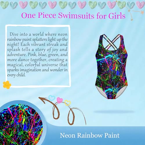 Girls One Piece Swimsuit Cross Back Paint Splatter Quick Dry Athletic Bathing Suit for Beach Pool 5-14Y3