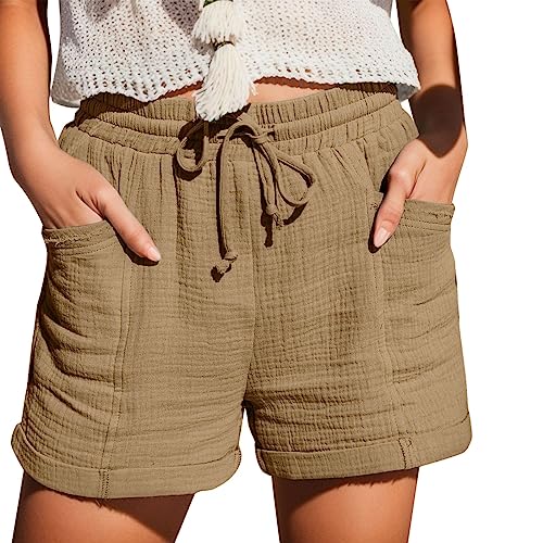 Pantalones cortos casuales de ocio para mujer, cintura alta, pierna recta, holgados, con bolsillos, elásticos, pantalones cortos, caqui, XL