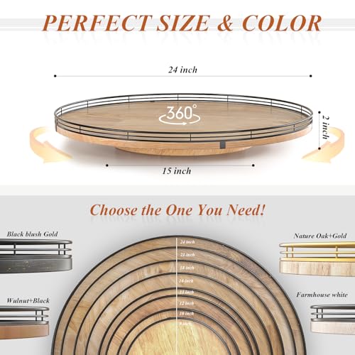 Image of 24 inch Lazy Susan Oak Wood Turntable Organizer for Cabinet, Farmhouse Round Wooden Large Lazy Susan Organization and Storage for Dining Table, Pantry, Kitchen, Countertop, Cupboard, Home Decor