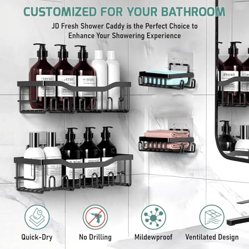 Image of JD FRESH 4-in-1 Self Adhesive Bathroom Shelf Combo /Drill-Free Wall Mounted Organizer /Rust-Proof Metal Storage Rack with Soap& Toothbrush Holder /Multipurpose Bathroom Accessories Alloy Steel (Black)