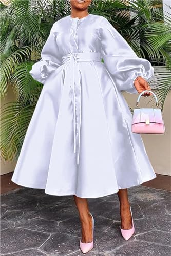 YOOTIKO Women Long Sleeve Satin Dress Button Flowy A Line Formal Cocktail Babydoll Dress with Belt3