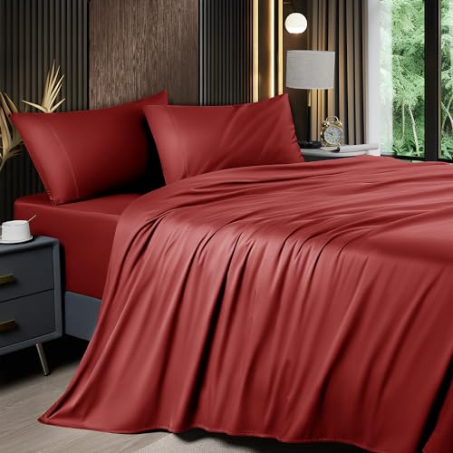Image of Shilucheng 4 Piece California King Sheet Sets, Cooling Sheets, Blend Rayon Derived from Bamboo, Deep Pocket Up to 16 inch, Breathable & Soft Bed Sheets, Hotel Silky Bedding Set, Burgundy
