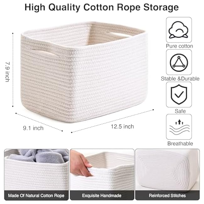 Storage Baskets for Organizing, Woven Basket for Storage, Storage Baskets Bin for Shelves, Cotton Rope Basket with Handles, 12.5 Lx9.1 Wx7.9 H, (4 Packs) Off White
