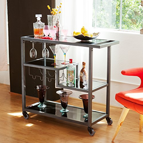 Sei Furniture Zephs Metal And Tempered Glass Locking Castor Wheels Bar Cart, Gunmetal, Black #TOP4