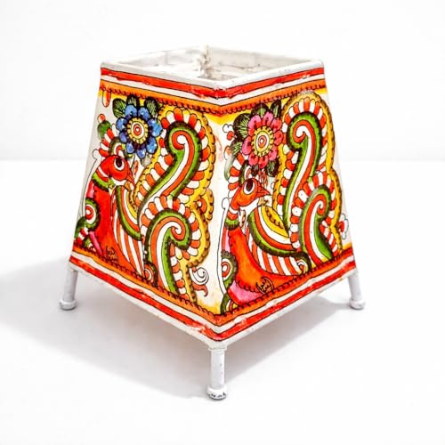 Image of Andhra Leather Craft Lamp Shade, Small (6 inch x 4 inch / Set of 1)-Peacock Design | 2 meter wire with bulb holder and socket included - Handpainted Leather Table Lamp: Tholu Bommalata