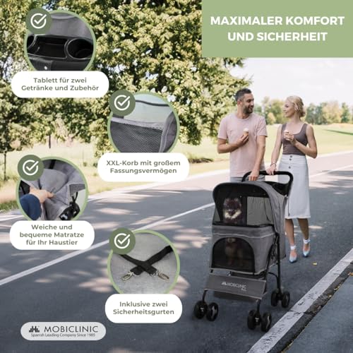Mobiclinic® pets, Faltbarer hundewagen, Bis zu 15 kg, Ideal für kleine hunde, Zuma, Räder mit 360°-bremsen, Xxl-korb, 3 fenster reißverschluss und moskitonetz, Becherhalter, Grau