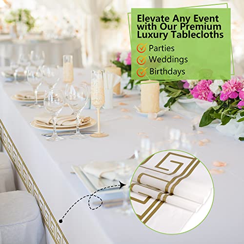 Amatra Disposable Table Cloth, Waterproof Table Cover, Classy Plastic Table Cloth, Rectangle Tablecloth, 140 G Plastic Table Cover, Opaque White Table Cloth With Gold Trim, 54X108 Inches, Pack Of 4 #TOP3
