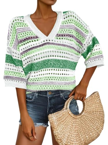 Image of Saodimallsu Womens Short Sleeve Sweaters V Neck Crochet Knit Striped Hollow Out Tops Beach Cruise Outfits