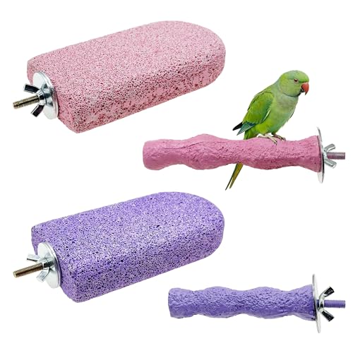 Image of Pet Teeth Grinding Stone and Perch, Bird Perch Stands, Natural Chewing Toys for Small Medium Birds Budgies Conures Cockatiels Rats, Purple and Pink