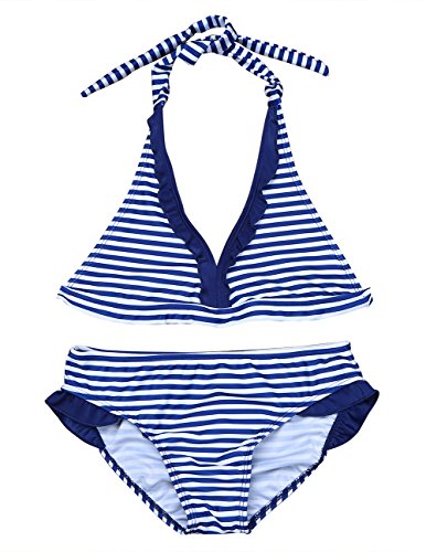 Freebily Bikini Ragazza Mare Piscina Stampa Righe Halter Top Reggiseno Slip Mare Tankini Costume da Bagno Bambina Due Pezzi 8-16 Anni Blu 14 Anni