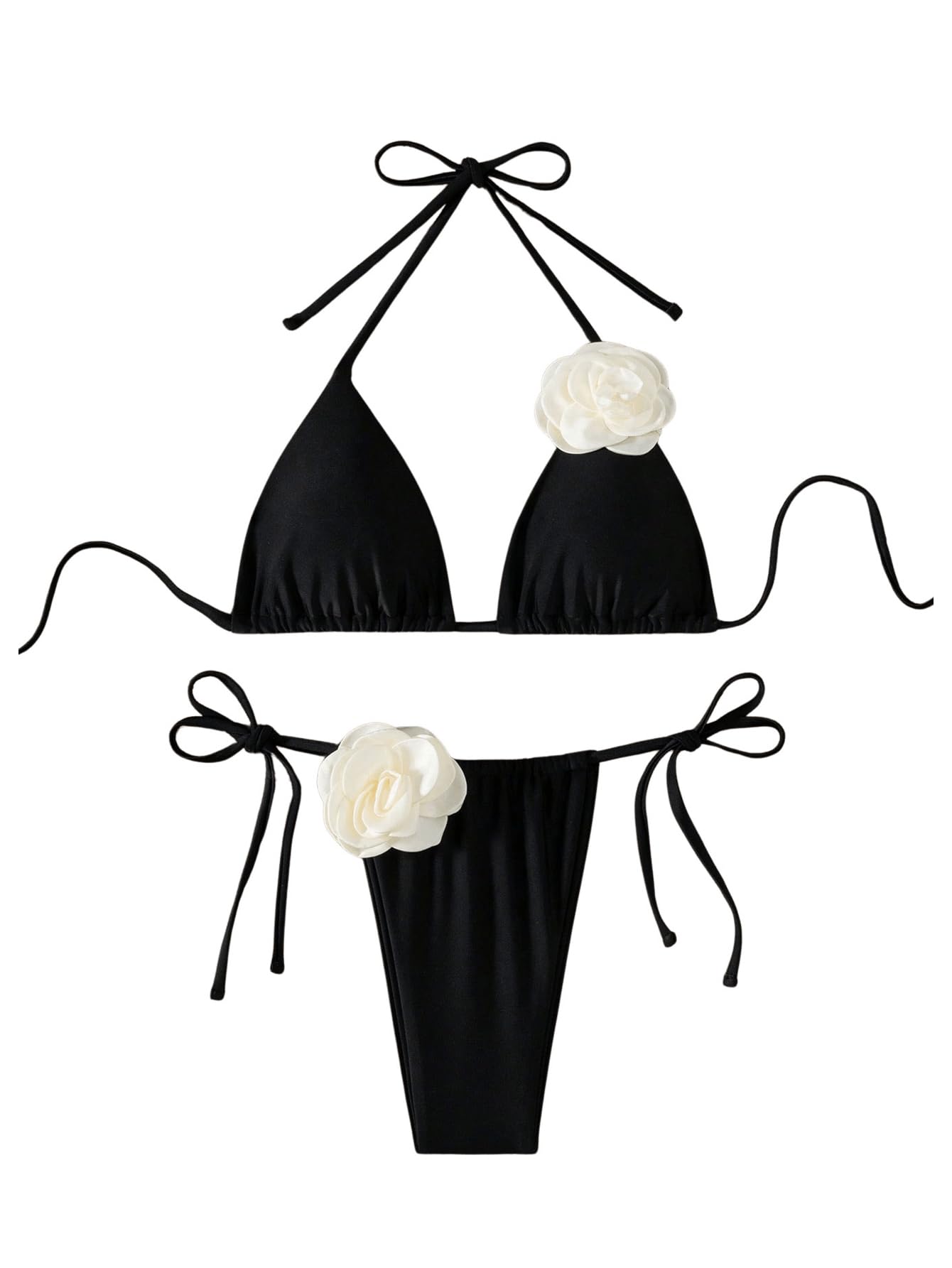 WDIRARA Women's 2 Piece Floral Appliques Swimsuits Halter String Triangle Bikini Set Beach Bathing Suit