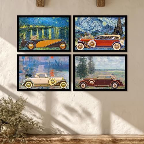 Image of Artistic Vintage Car Framed Wall Art Painting Set of 4 | Classic Automobile Artwork with Painterly Background for Living Room & Office Decor, 23x32 cm