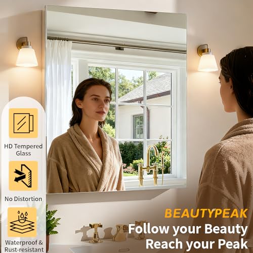 Botiquín para baño BEAUTYPEAK de 20" x 24" con espejo y almacenamiento | Botiquín plateado con puerta única y estantes ajustables para vanidad, vidrio templado, superficie de aluminio, montaje en pared o empotrado miniatura 3