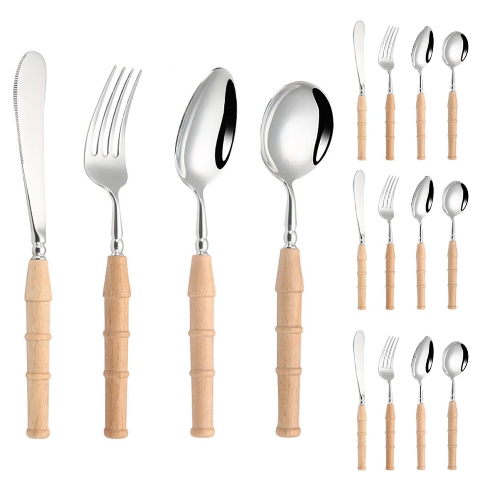Vajilla de Cocina de Madera de Acero Inoxidable con Cubiertos, Incluye Cuchara, Cuchillo y Tenedor, Pulido Espejo (Color Claro, 16 Piezas)