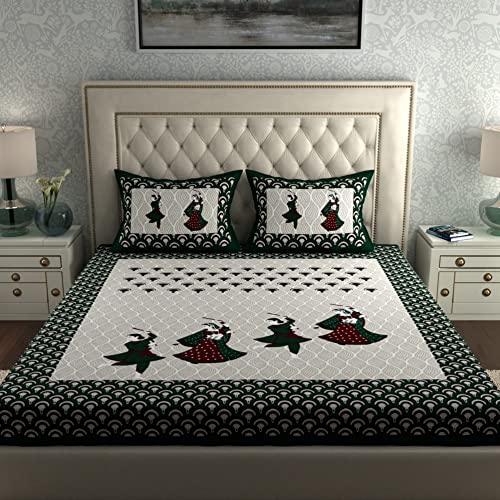 Image of La Verne104 TC 100% Cotton Jaipuri Rjasathani Hand Print Bedsheet with 2 Pillow Covers (Green)