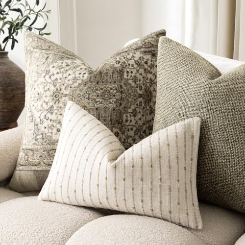 Image of Foindtower Boho Striped Boucle Lumbar Throw Pillow Covers 12x20 Cream Camel