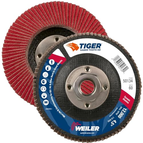 Image of Weiler 50134 Saber Tooth 5 /8 inch-11 Arbor, 4-1 /2 inch Diameter, 60 Grit, Ceramic, Phenolic Backing, Flat High Density Abrasive Flap Disc (Pack of 10)