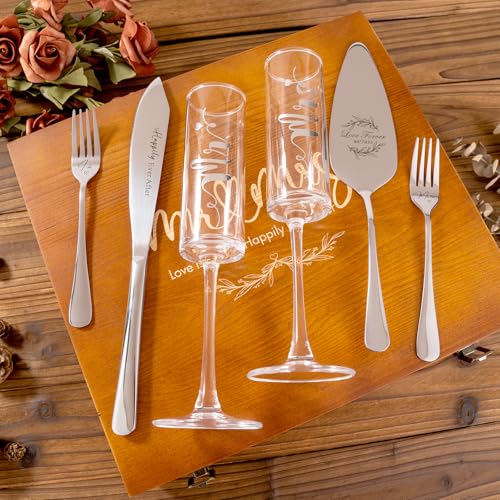VARLKA Wedding Cake Knife and Server Set, Mr and Mrs Champagne Flutes & Forks with Wooden Box, Silver Cake Cutting Set for Wedding Engagement Bridal Shower Gifts by VARLKA - Used condition - Image 2