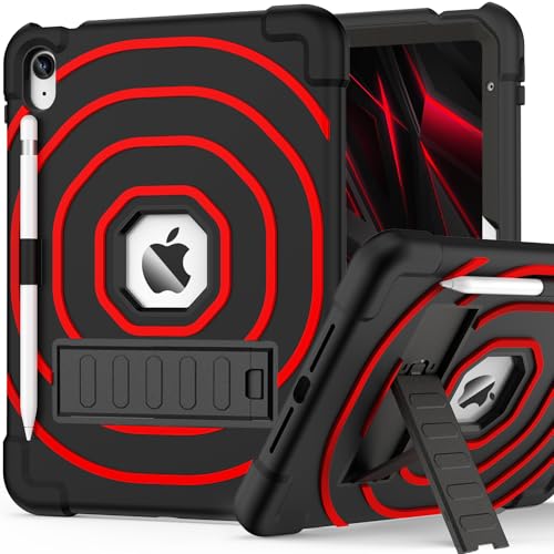 SIBEITU for iPad A16 Case 11th Generation 11 inch 2025 / iPad 10th Generation 10.9 Inch 2022, Rugged Shockproof Military Grade Protective Cover Built-in Kickstand & Pencil Holder (Black+Red)