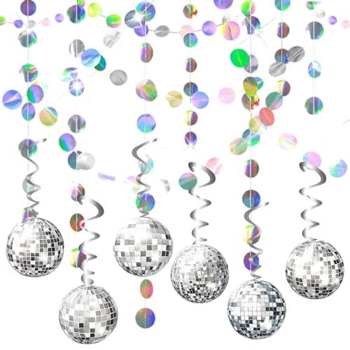 60 Pcs Disco Decorations 70S Disco Ball Hanging Whirlpool Colorful Disc Pulling Strip Hanging Ribbon Suitable for Decorating Rooms Parties Carnivals Concerts Halloween Dance Stages(Silver)