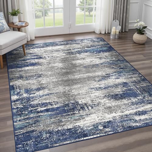 Area Rugs 3x5 for Living Room Bedroom, Indoor Modern Abstract Machine Washable Rug, Small Soft Low Pile Floor Carpet with Non Slip Backing for Entryway, Navy Blue Gray