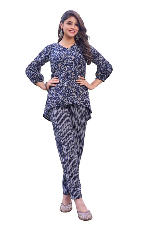ODD BY chansi TRENDZ Women’s Traditional Blue Rayon Co-Ord Set | V Neck Ballon Sleeve Ethnic Co-Ord Set | Short Kurti with Pant for Casual