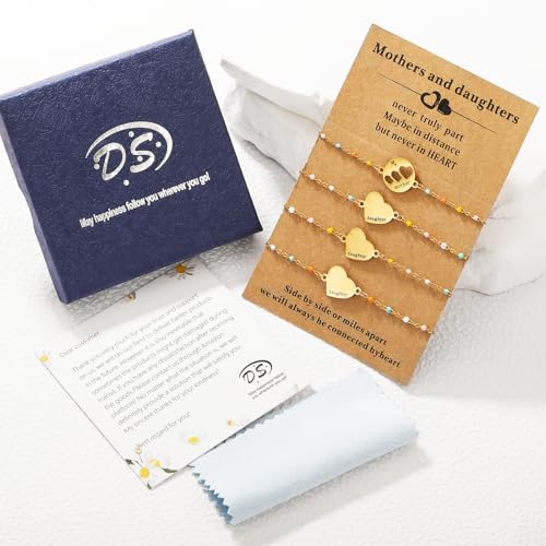 Image of DS Mother Daughter Bracelets Set,18K Gold Plated Stainless Steel Heart Jewelry for Women Girls,Mothers Day Gifts for Mom /Daughter,Adjustable Matching Bracelets for Mommy and Me gift box packaging