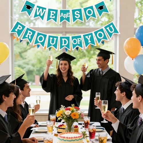 Image of Teal We Are So Proud Of You Banner Congrats Grad Cap Bunting Flag Grad Party Decoration Idea