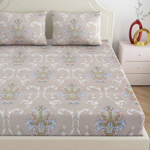 Image of Dreamscape Microfibre Wrinkle & Fade Resistant Fitted Bedsheet for King Bed, 140TC, 1 Fitted Bed Sheet (Size 72 x 78 inches + 12 inches Pocket) with 2 Pillow Covers, Beige
